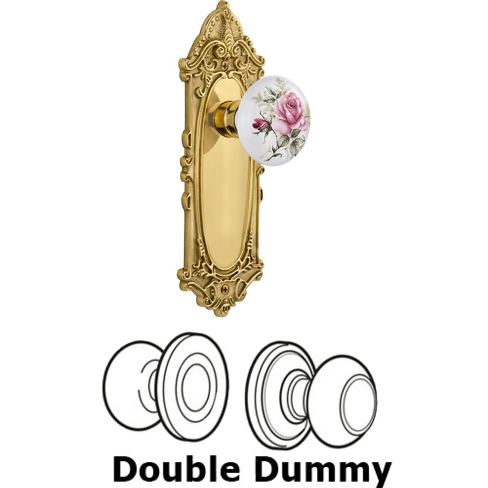 Double Dummy - Victorian Plate with Rose Porcelain Knob without keyhole in Polished Brass