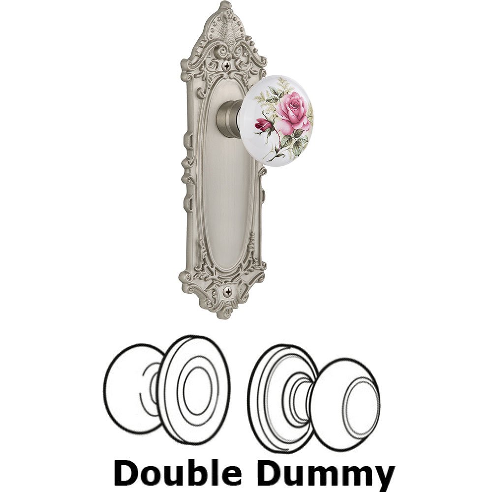 Double Dummy - Victorian Plate with Rose Porcelain Knob without keyhole in Satin Nickel