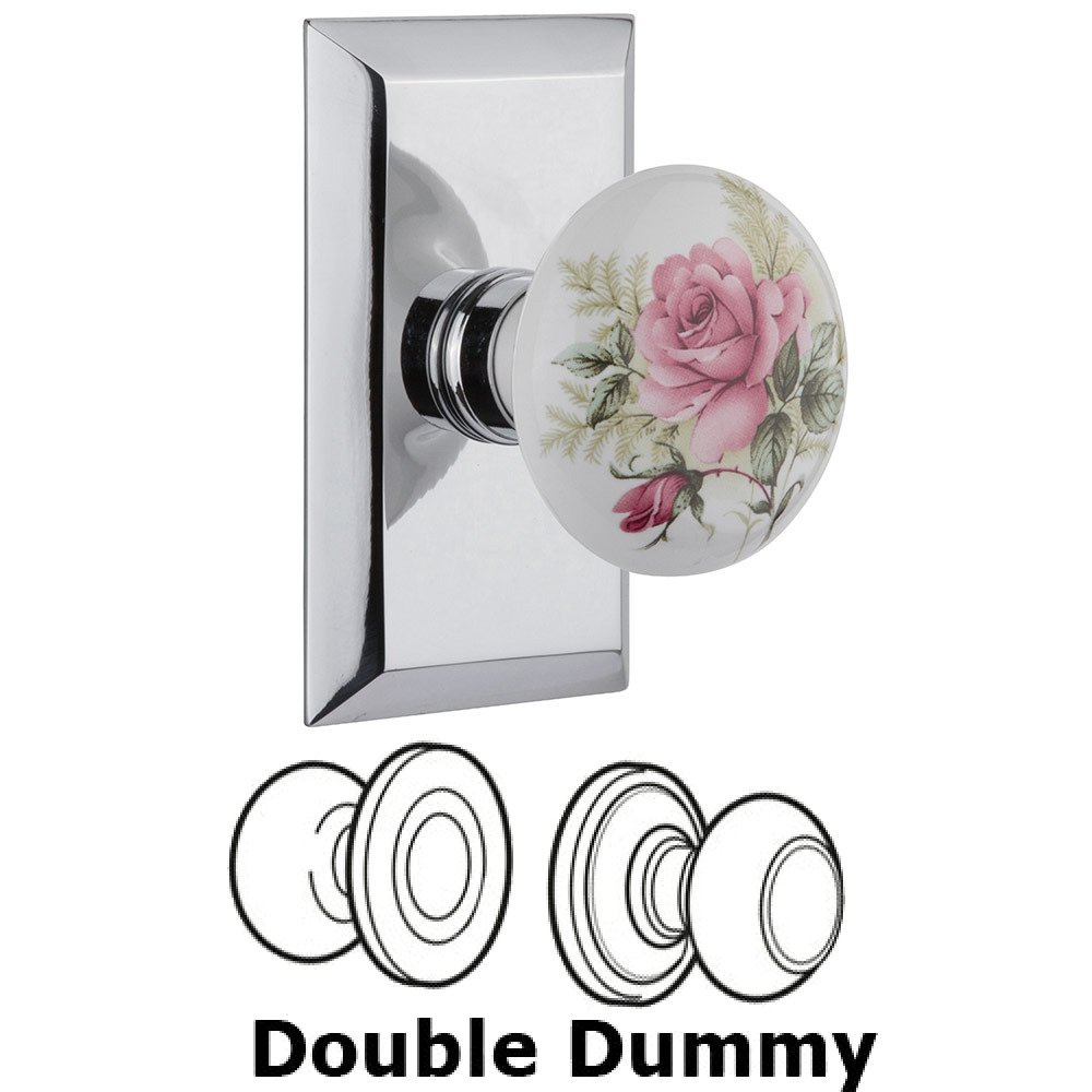 Double Dummy Studio Plate with White Rose Porcelain Knob in Bright Chrome