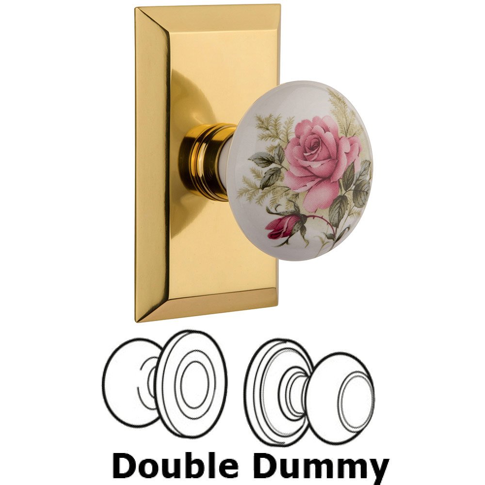 Double Dummy Studio Plate with White Rose Porcelain Knob in Polished Brass