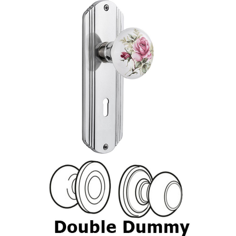 Double Dummy - Deco Plate with Rose Porcelain Knob with Keyhole in Bright Chrome