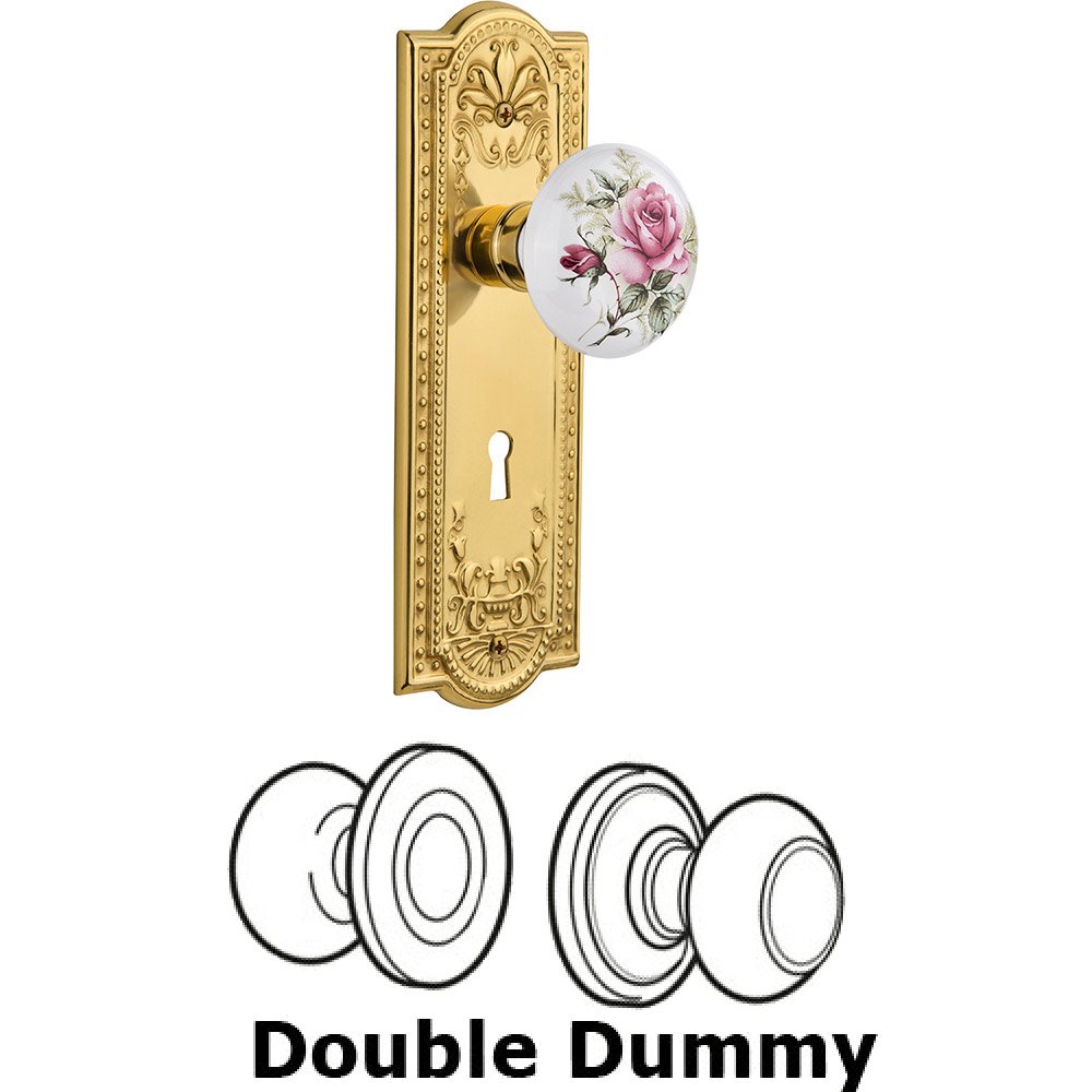 Double Dummy - Meadows Plate with Rose Porcelain Knob with Keyhole in Polished Brass