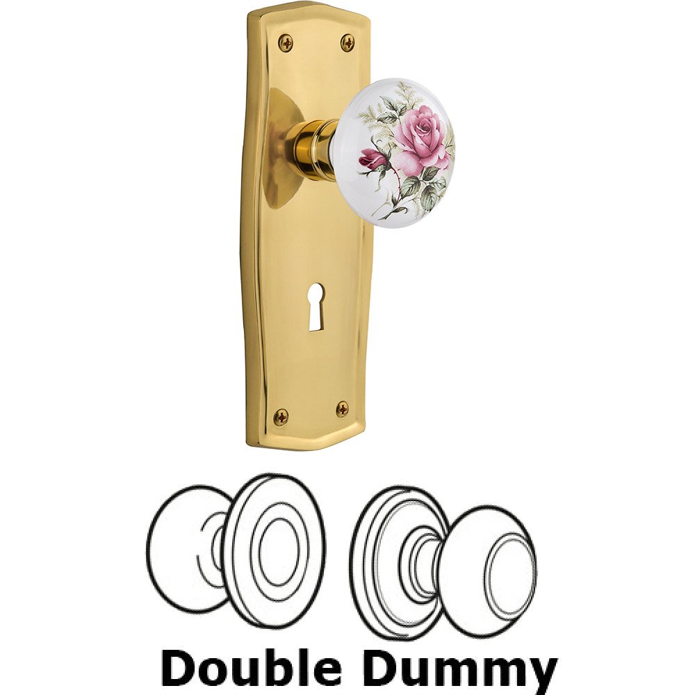 Double Dummy - Prairie Plate with Rose Porcelain Knob with Keyhole in Polished Brass