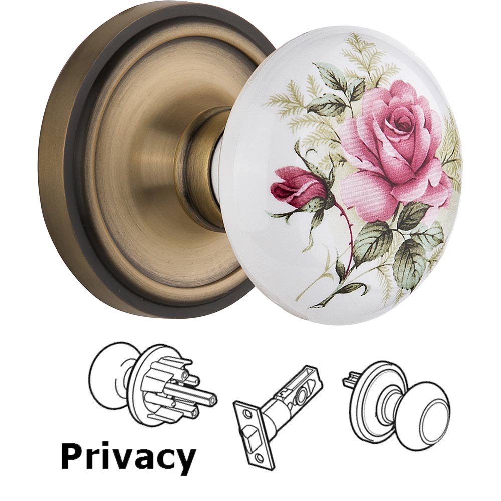 Privacy Knob - Classic Rose with Rose Porcelain Knob in Antique Brass