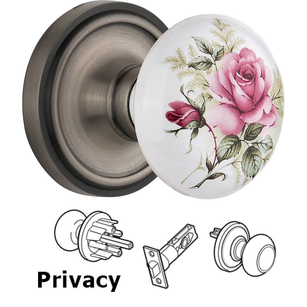 Privacy Knob - Classic Rose with Rose Porcelain Knob in Antique Pewter