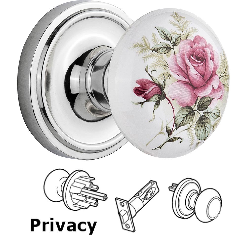 Privacy Knob - Classic Rose with Rose Porcelain Knob in Bright Chrome