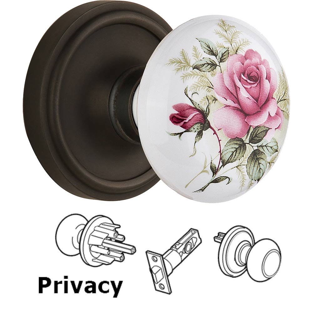 Privacy Knob - Classic Rose with Rose Porcelain Knob in Oil Rubbed Bronze