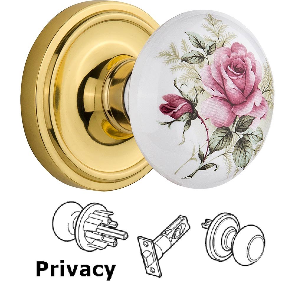 Privacy Knob - Classic Rose with Rose Porcelain Knob in Polished Brass