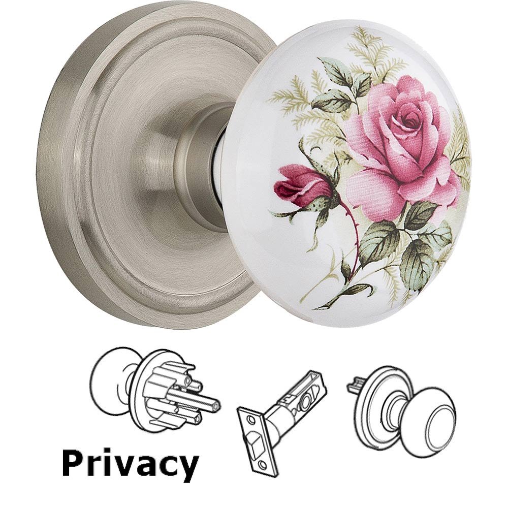 Privacy Knob - Classic Rose with Rose Porcelain Knob in Satin Nickel