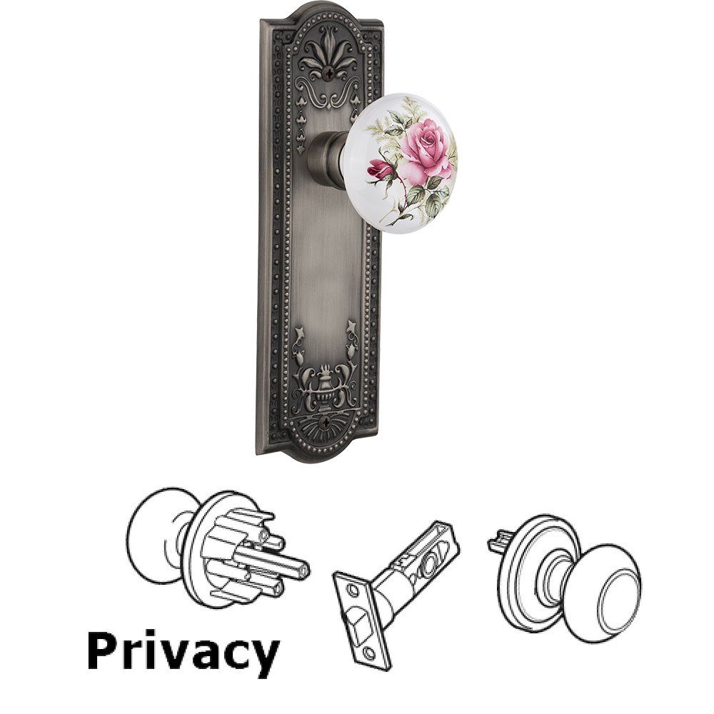 Privacy Knob - Meadows Plate with Rose Porcelain Knob without Keyhole in Antique Pewter