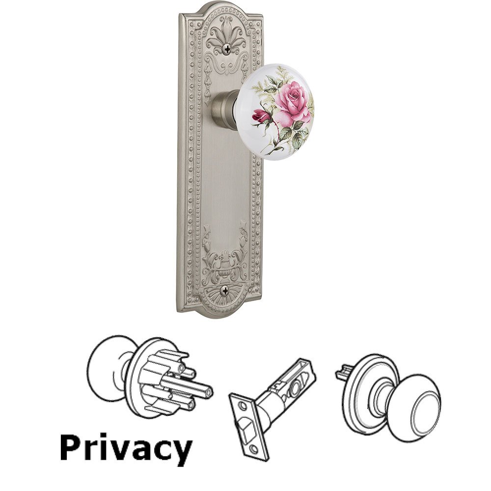 Privacy Knob - Meadows Plate with Rose Porcelain Knob without Keyhole in Satin Nickel