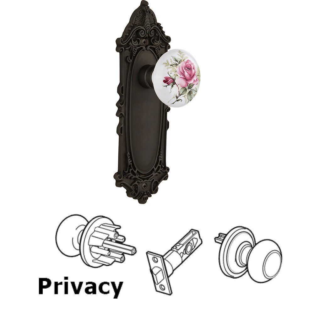 Privacy Victorian Plate with White Rose Porcelain Door Knob in Oil-Rubbed Bronze
