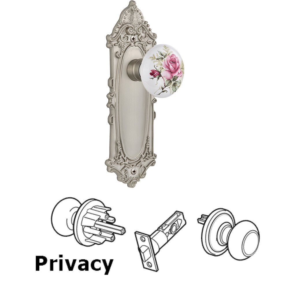 Privacy Victorian Plate with White Rose Porcelain Door Knob in Satin Nickel