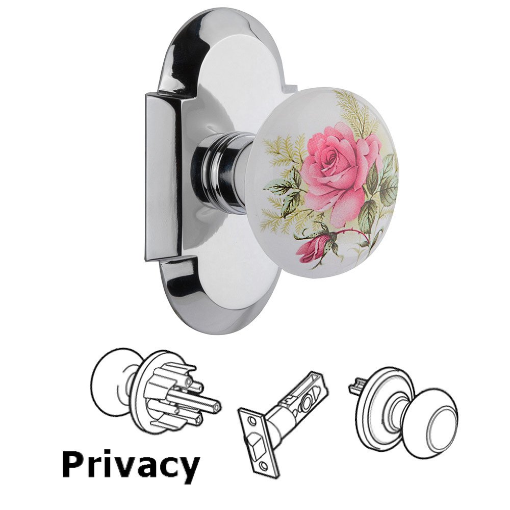 Privacy Cottage Plate with White Rose Porcelain Knob in Bright Chrome