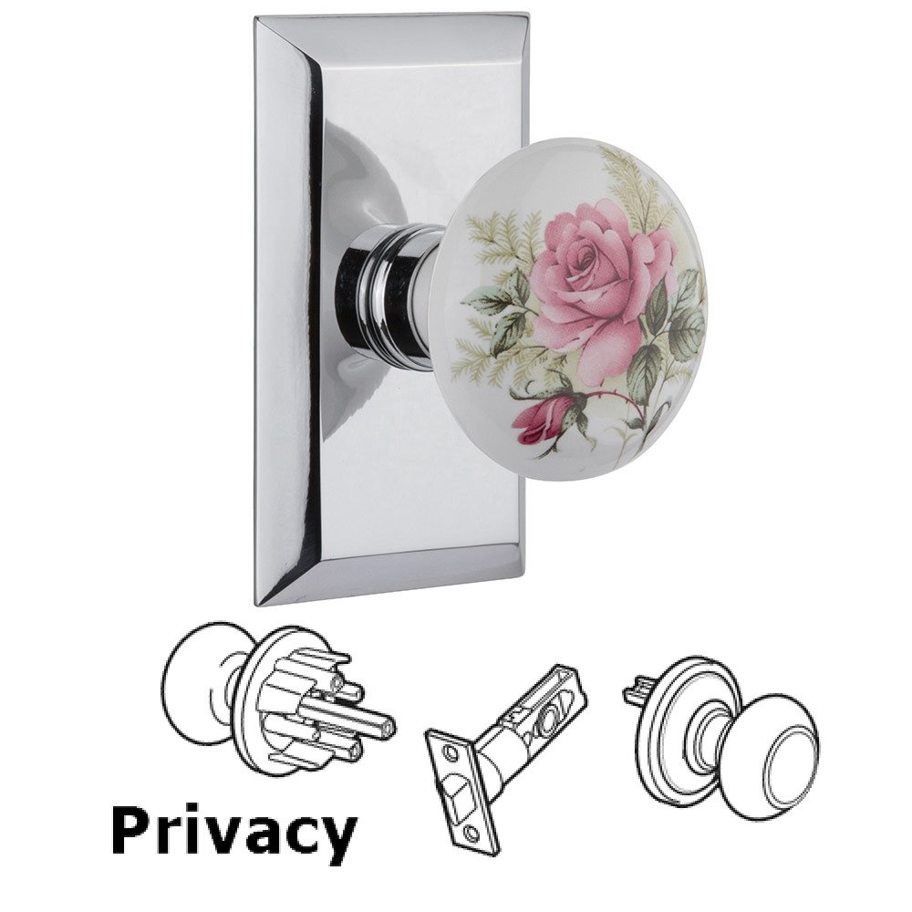 Privacy Studio Plate with White Rose Porcelain Knob in Bright Chrome