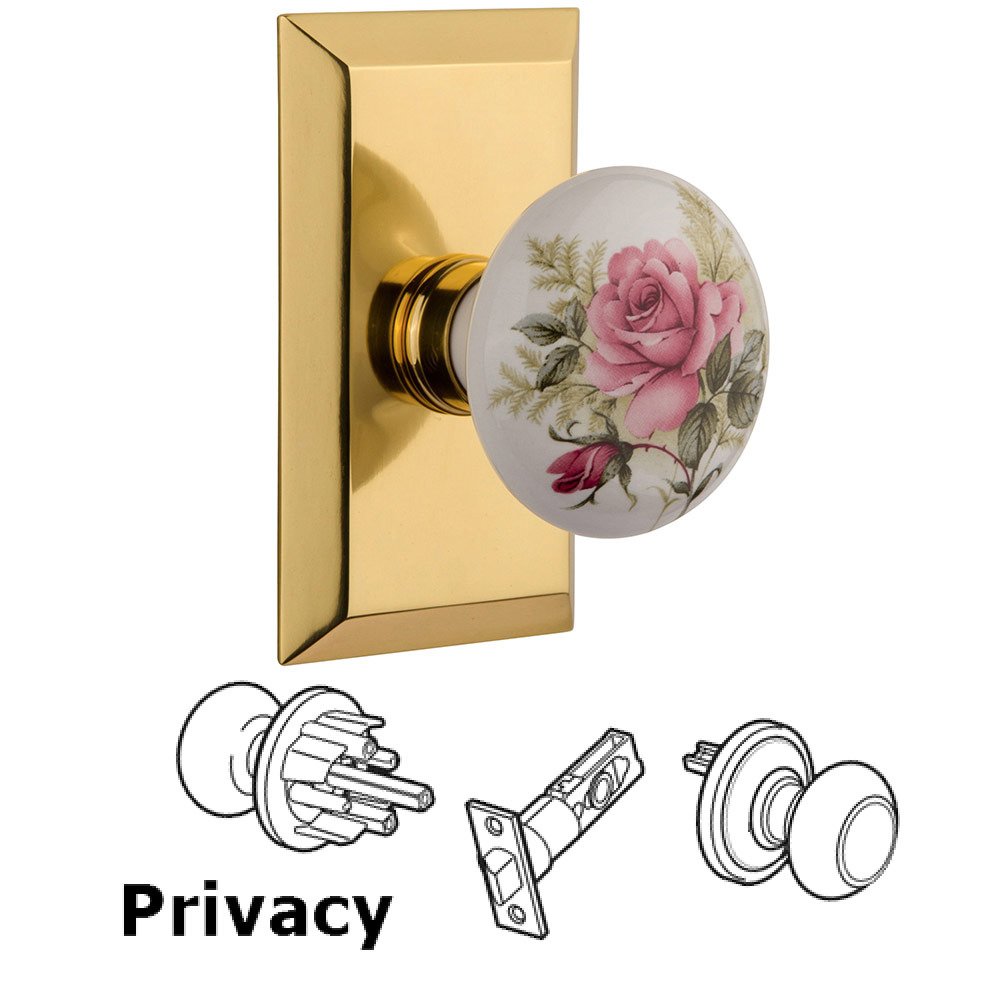 Privacy Studio Plate with White Rose Porcelain Knob in Polished Brass