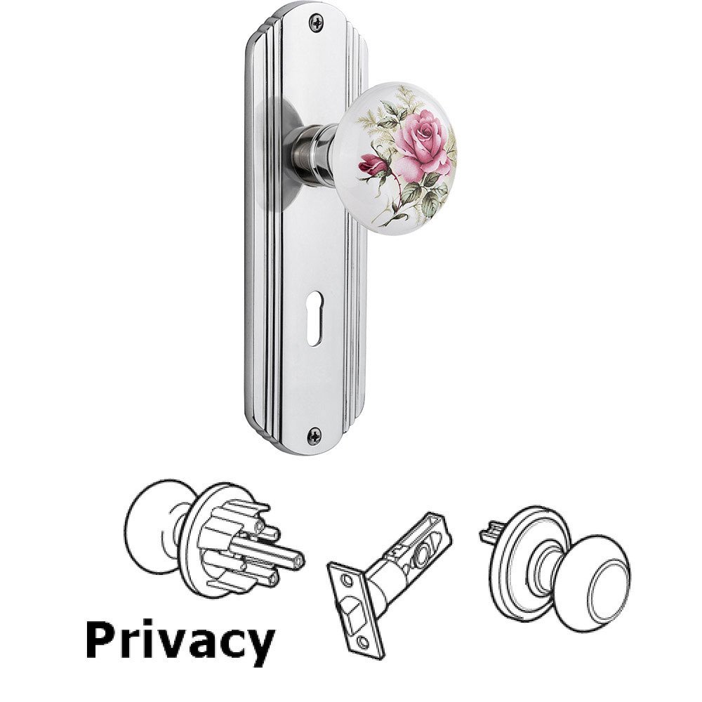 Privacy Deco Plate with Keyhole and White Rose Porcelain Door Knob in Bright Chrome