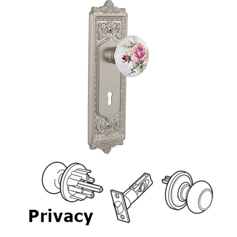 Privacy Knob - Egg and Dart Plate with Rose Porcelain Knob with Keyhole in Satin Nickel