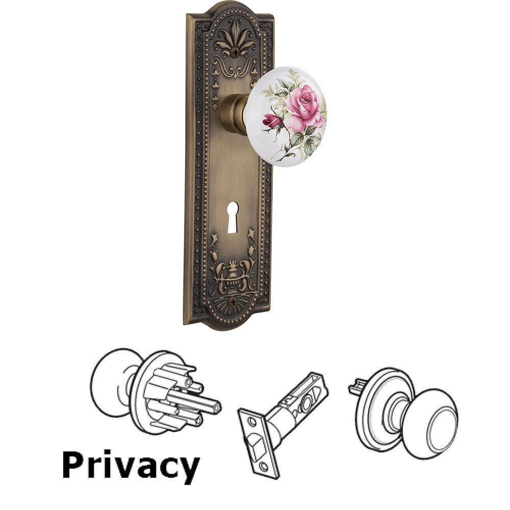 Privacy Meadows Plate with Keyhole and White Rose Porcelain Door Knob in Antique Brass