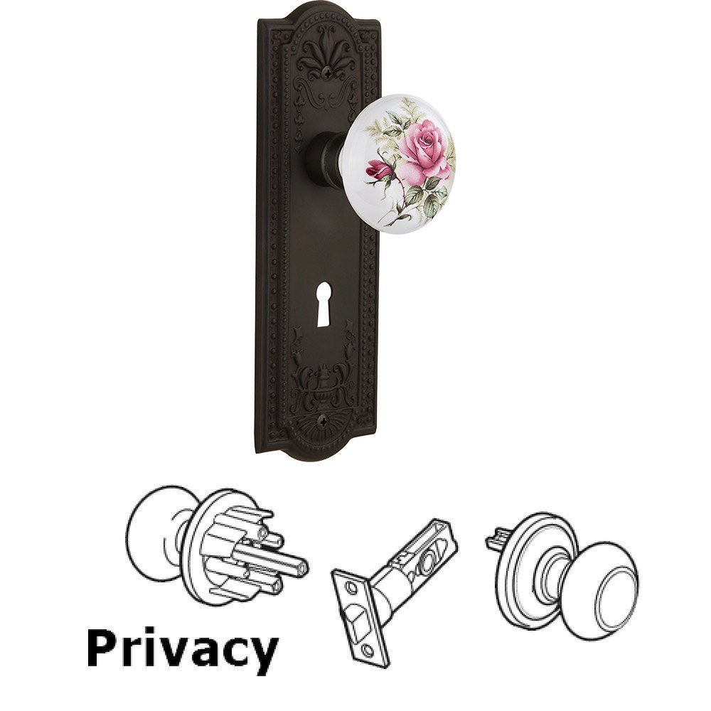 Privacy Knob - Meadows Plate with Rose Porcelain Knob with Keyhole in Oil Rubbed Bronze