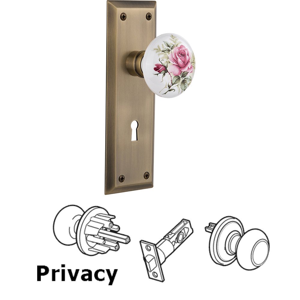 Privacy New York Plate with Keyhole and White Rose Porcelain Door Knob in Antique Brass