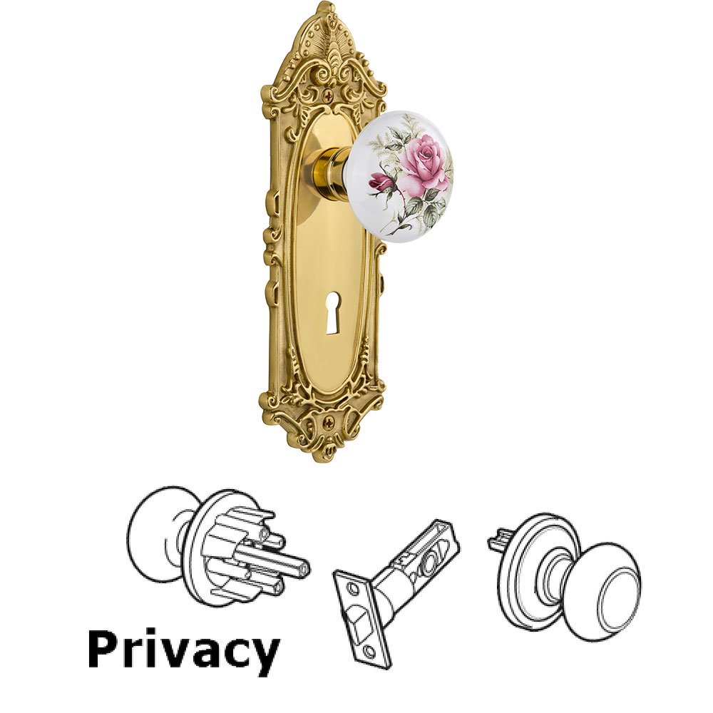 Privacy Victorian Plate with Keyhole and White Rose Porcelain Door Knob in Polished Brass