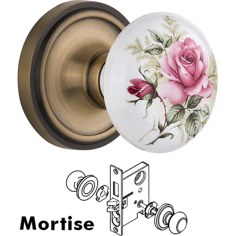 Mortise - Classic Rose with Rose Porcelain Knob in Antique Brass