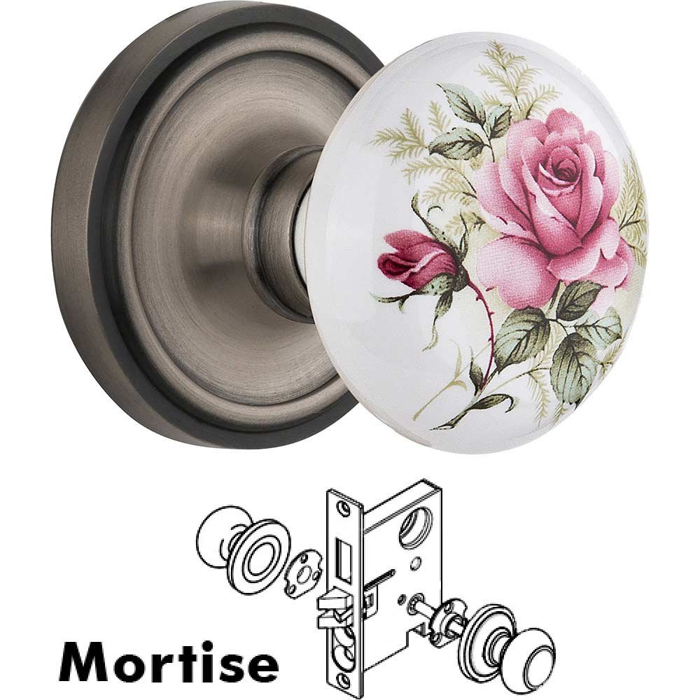 Mortise - Classic Rose with Rose Porcelain Knob in Antique Pewter