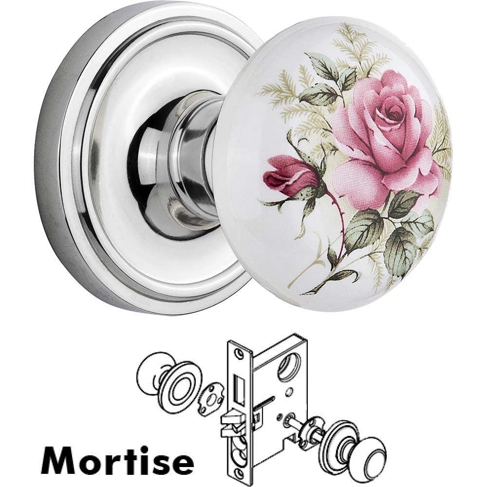 Mortise - Classic Rose with Rose Porcelain Knob in Bright Chrome