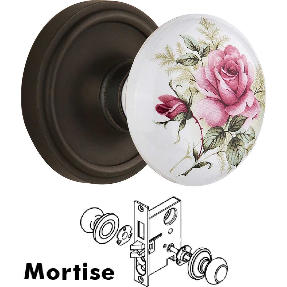 Mortise - Classic Rose with Rose Porcelain Knob in Oil Rubbed Bronze