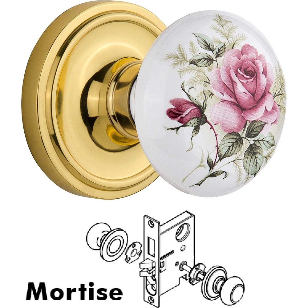 Mortise - Classic Rose with Rose Porcelain Knob in Polished Brass