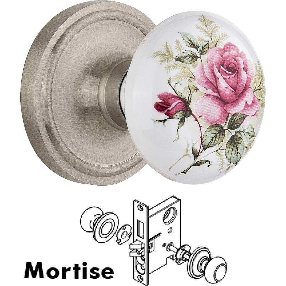 Mortise - Classic Rose with Rose Porcelain Knob in Satin Nickel