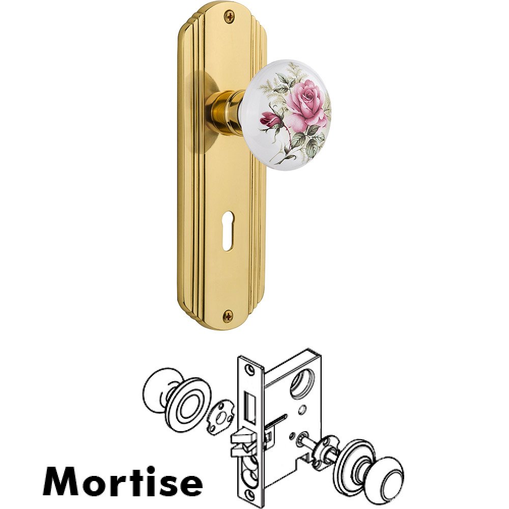Mortise - Deco Plate with Rose Porcelain Knob with Keyhole in Polished Brass