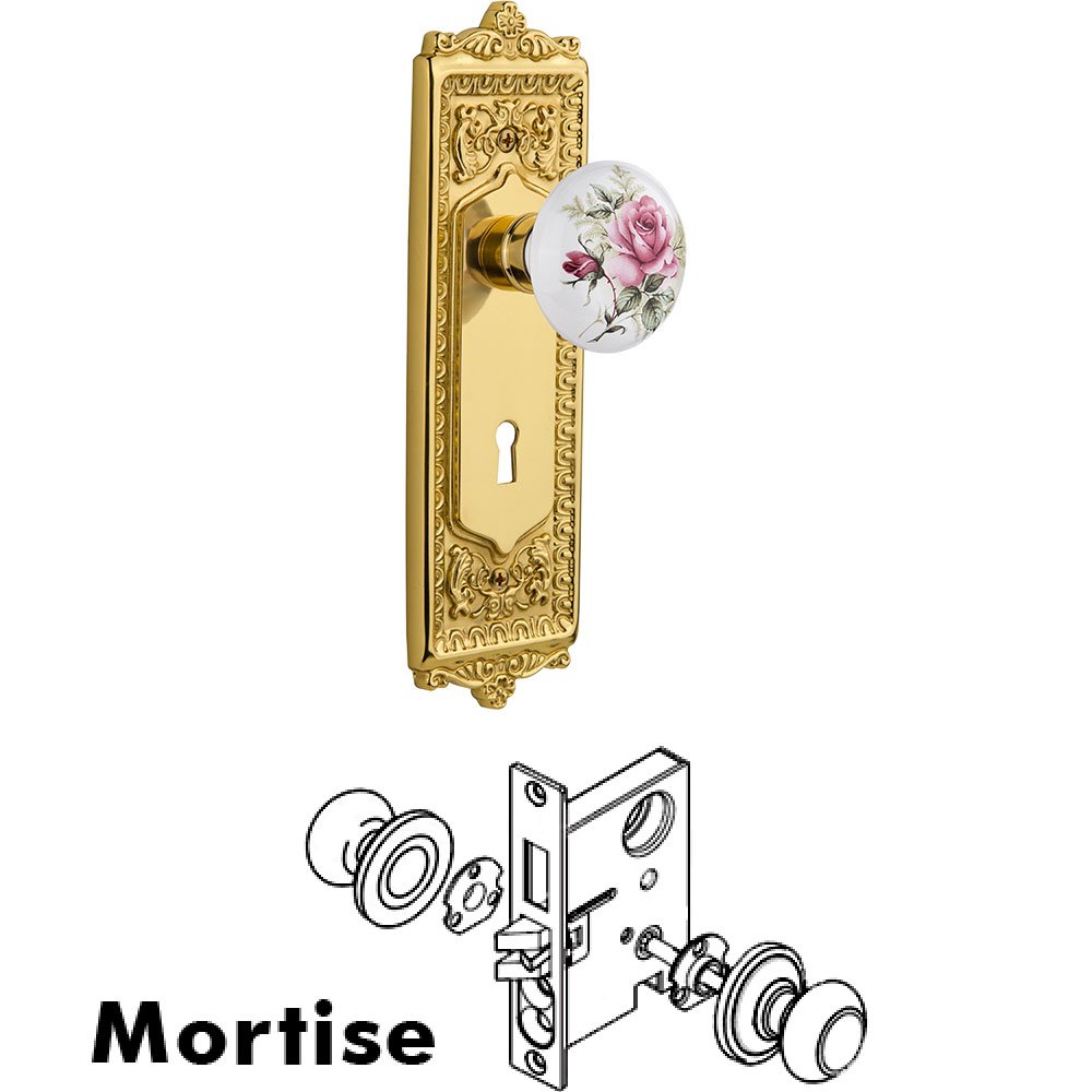 Mortise - Egg and Dart Plate with Rose Porcelain Knob with Keyhole in Polished Brass