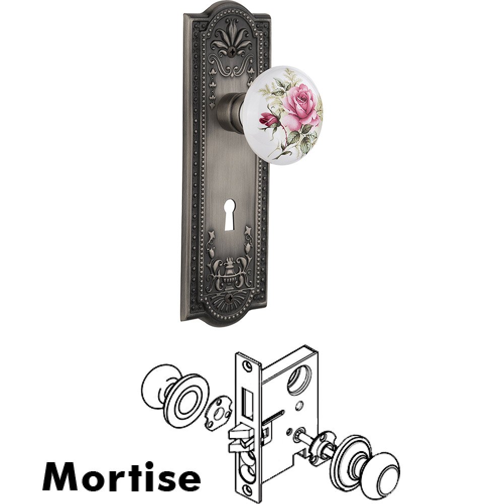 Mortise - Meadows Plate with Rose Porcelain Knob with Keyhole in Antique Pewter