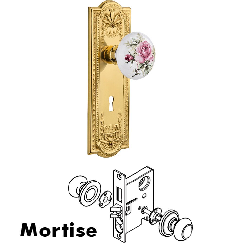 Mortise - Meadows Plate with Rose Porcelain Knob with Keyhole in Polished Brass