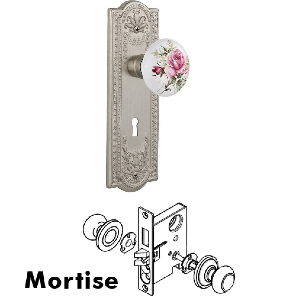 Mortise - Meadows Plate with Rose Porcelain Knob with Keyhole in Satin Nickel