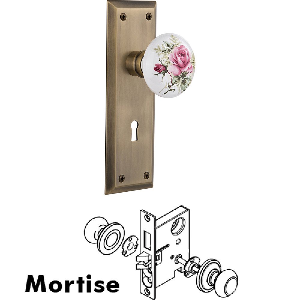 Mortise - New York Plate with Rose Porcelain Knob with Keyhole in Antique Brass