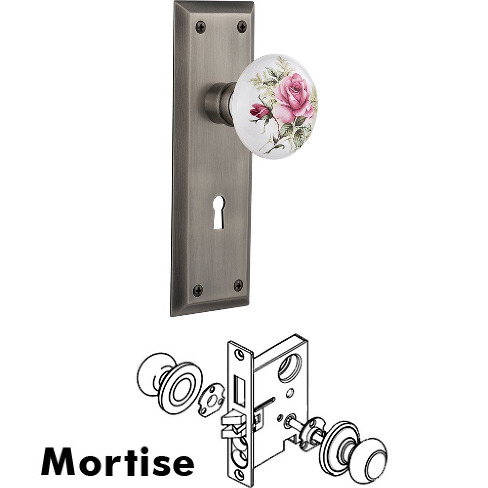 Mortise - New York Plate with Rose Porcelain Knob with Keyhole in Antique Pewter