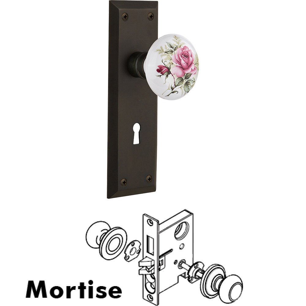 Mortise - New York Plate with Rose Porcelain Knob with Keyhole in Oil Rubbed Bronze