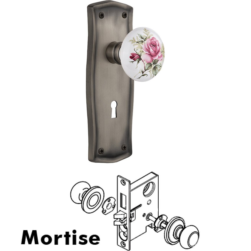 Mortise - Prairie Plate with Rose Porcelain Knob with Keyhole in Antique Pewter