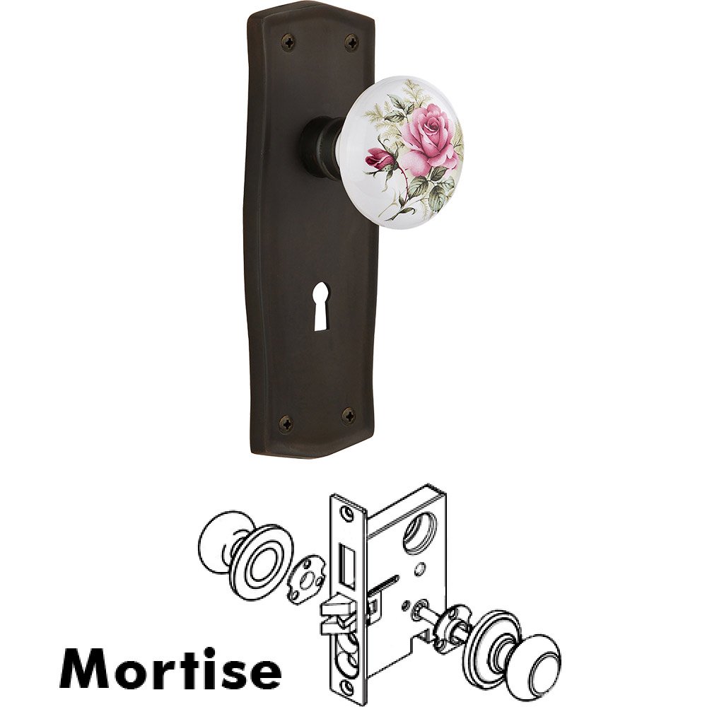 Mortise - Prairie Plate with Rose Porcelain Knob with Keyhole in Oil Rubbed Bronze