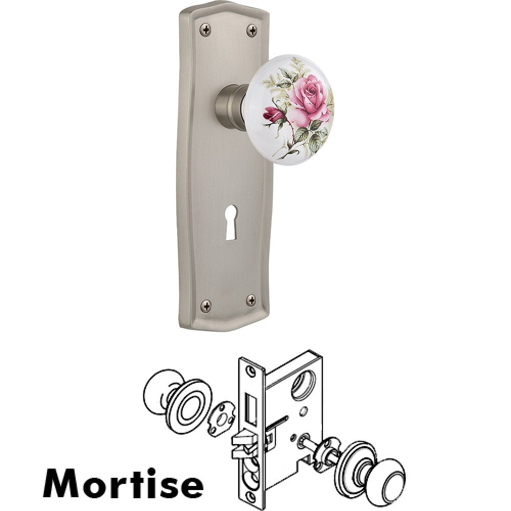 Mortise - Prairie Plate with Rose Porcelain Knob with Keyhole in Satin Nickel