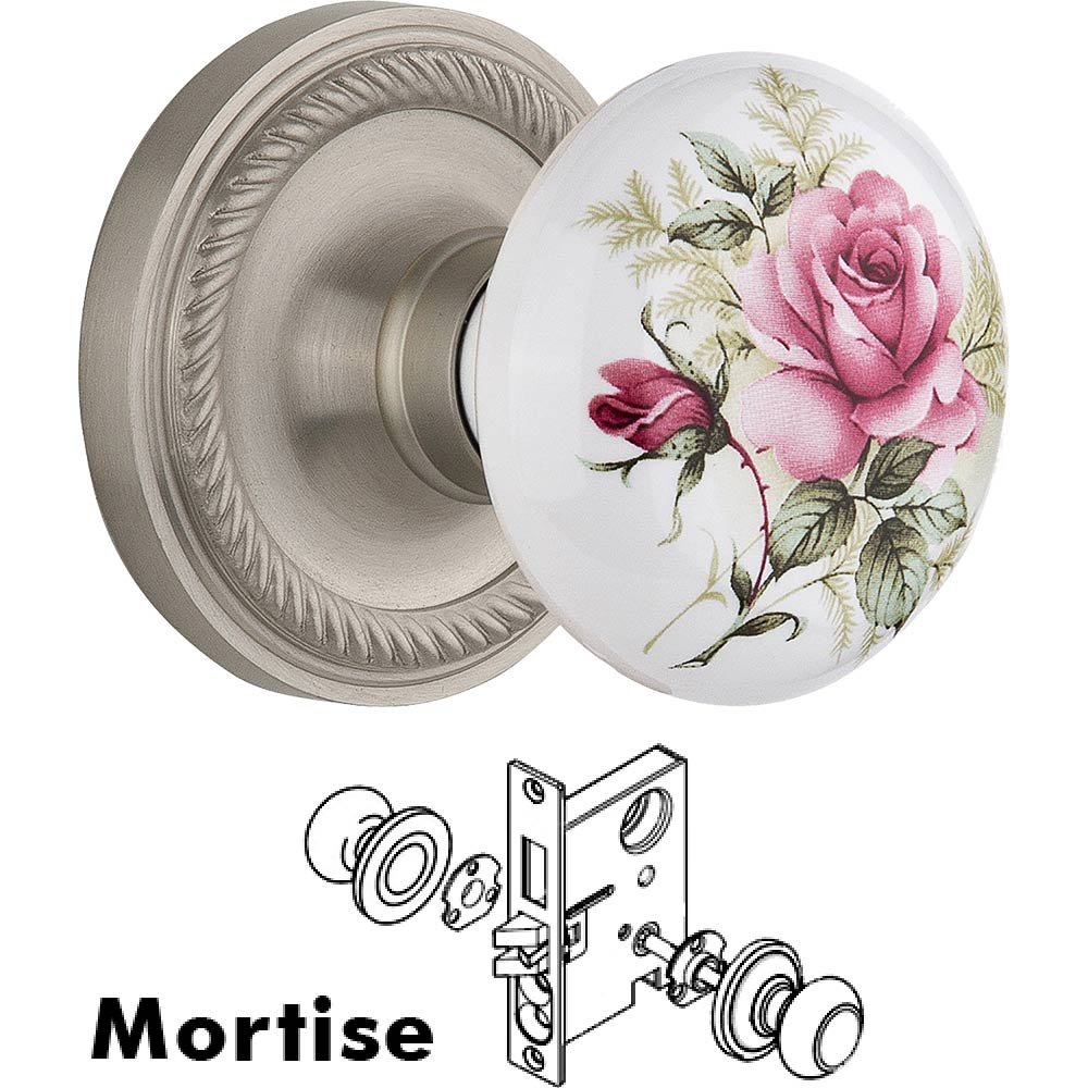 Mortise - Rope Rose with Rose Porcelain Knob in Satin Nickel