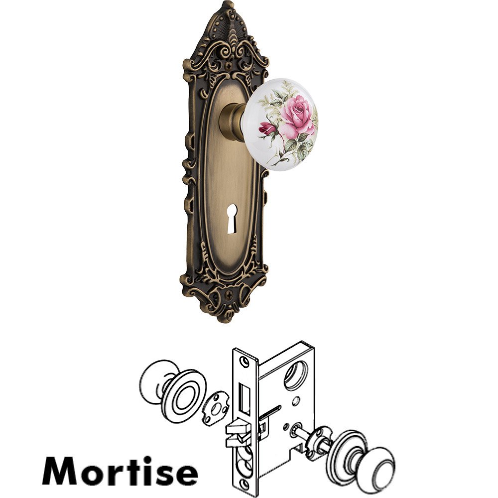 Mortise - Victorian Plate with Rose Porcelain Knob with keyhole in Antique Brass