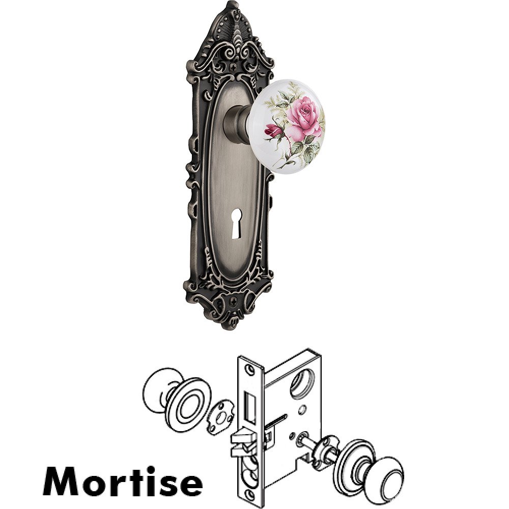 Mortise - Victorian Plate with Rose Porcelain Knob with keyhole in Antique Pewter