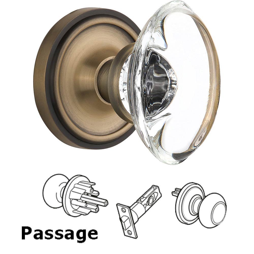 Passage Knob - Classic Rose with Oval Clear Crystal Knob in Antique Brass