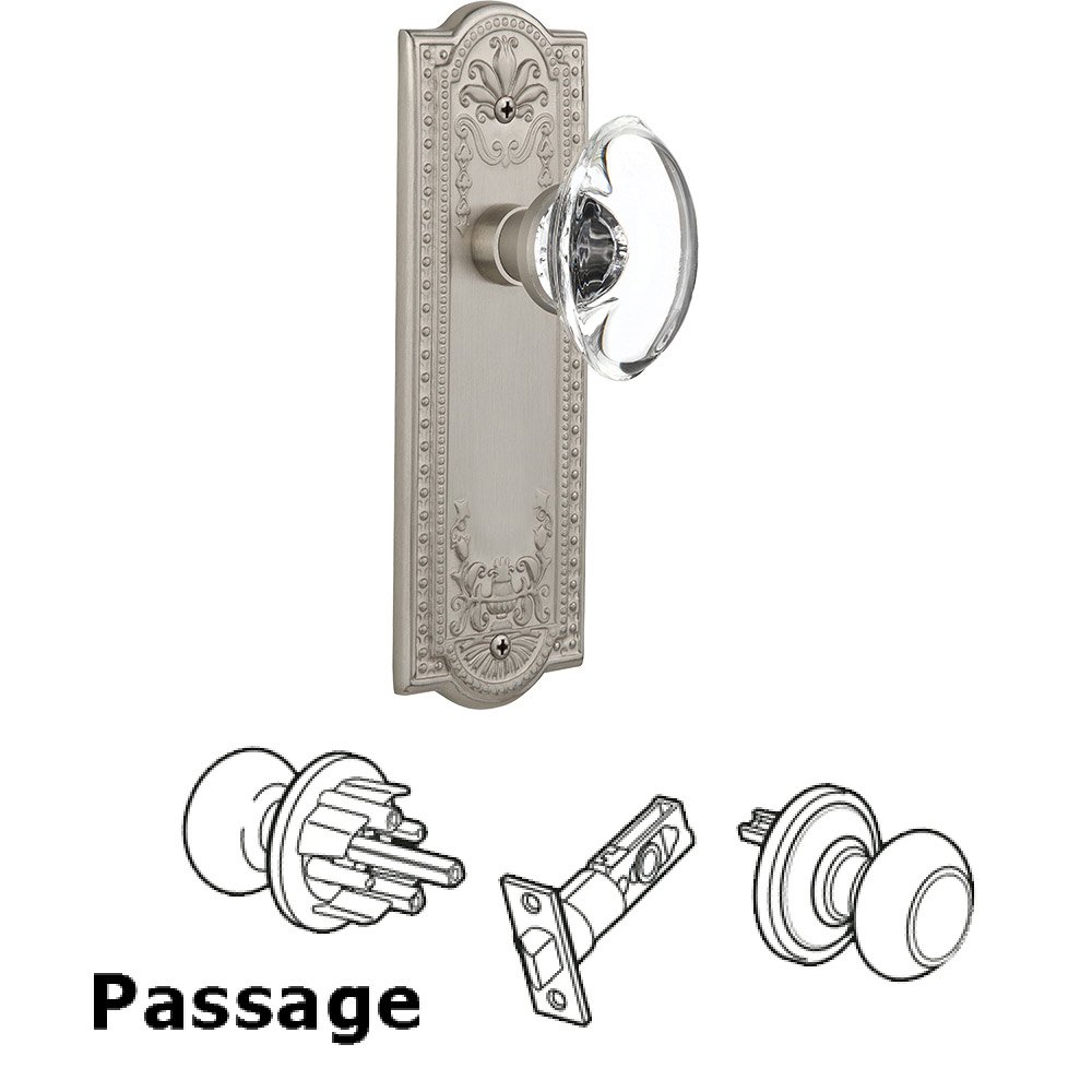 Passage Meadows Plate with Oval Clear Crystal Glass Door Knob in Satin Nickel