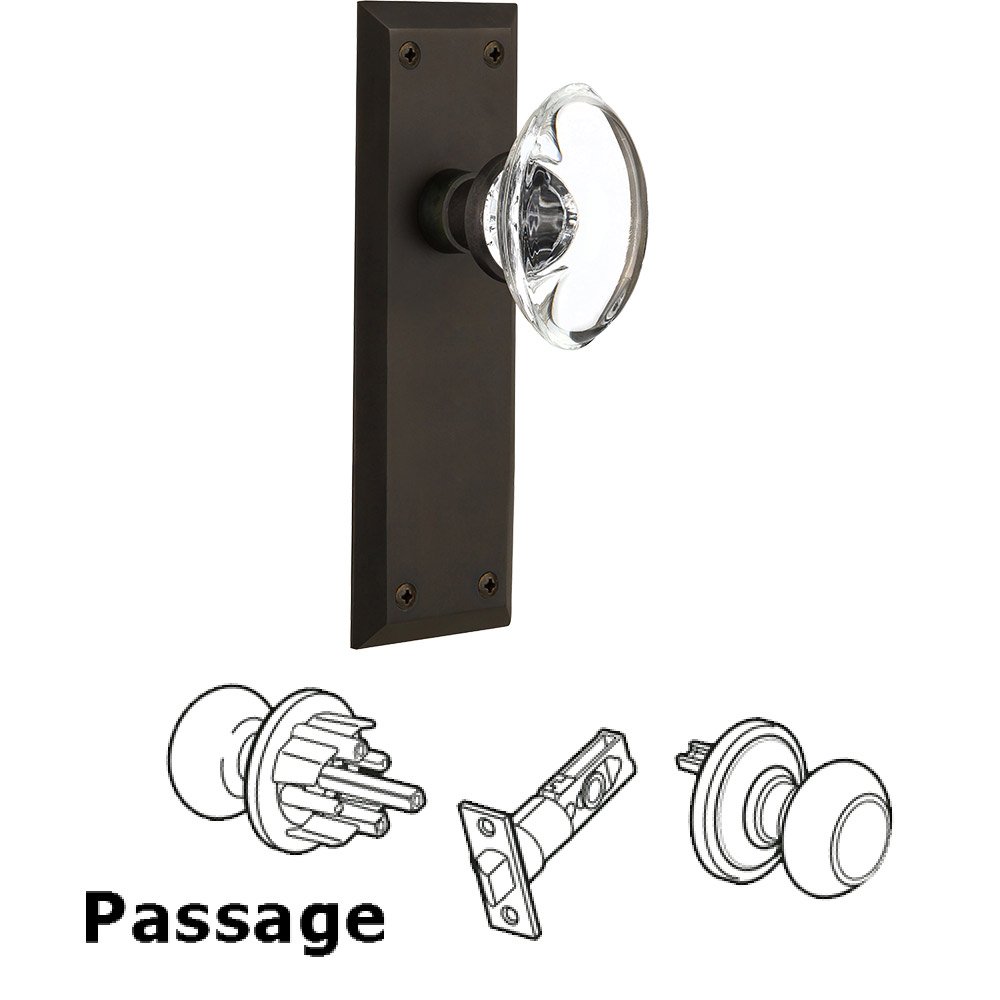 Passage Knob - New York Plate with Oval Clear Crystal Knob without Keyhole in Oil Rubbed Bronze