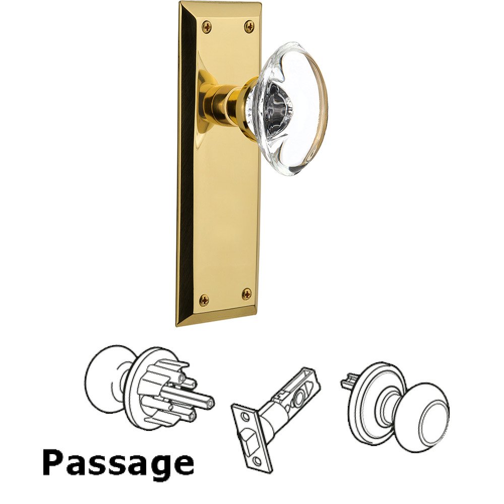 Passage New York Plate with Oval Clear Crystal Glass Door Knob in Polished Brass
